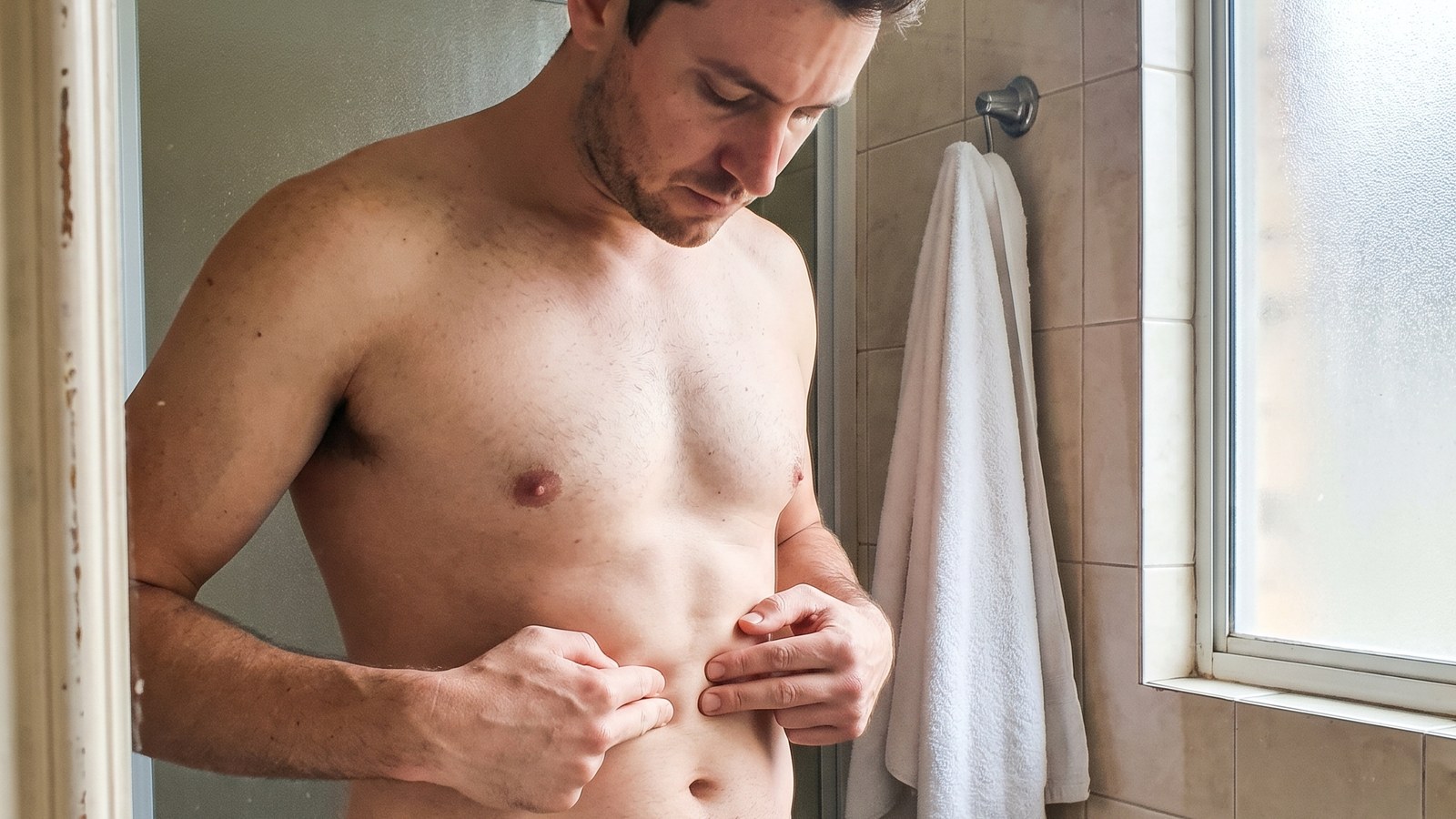 A man stands in a bathroom looking down at his stomach and pressing two fingertips into his upper abdomen