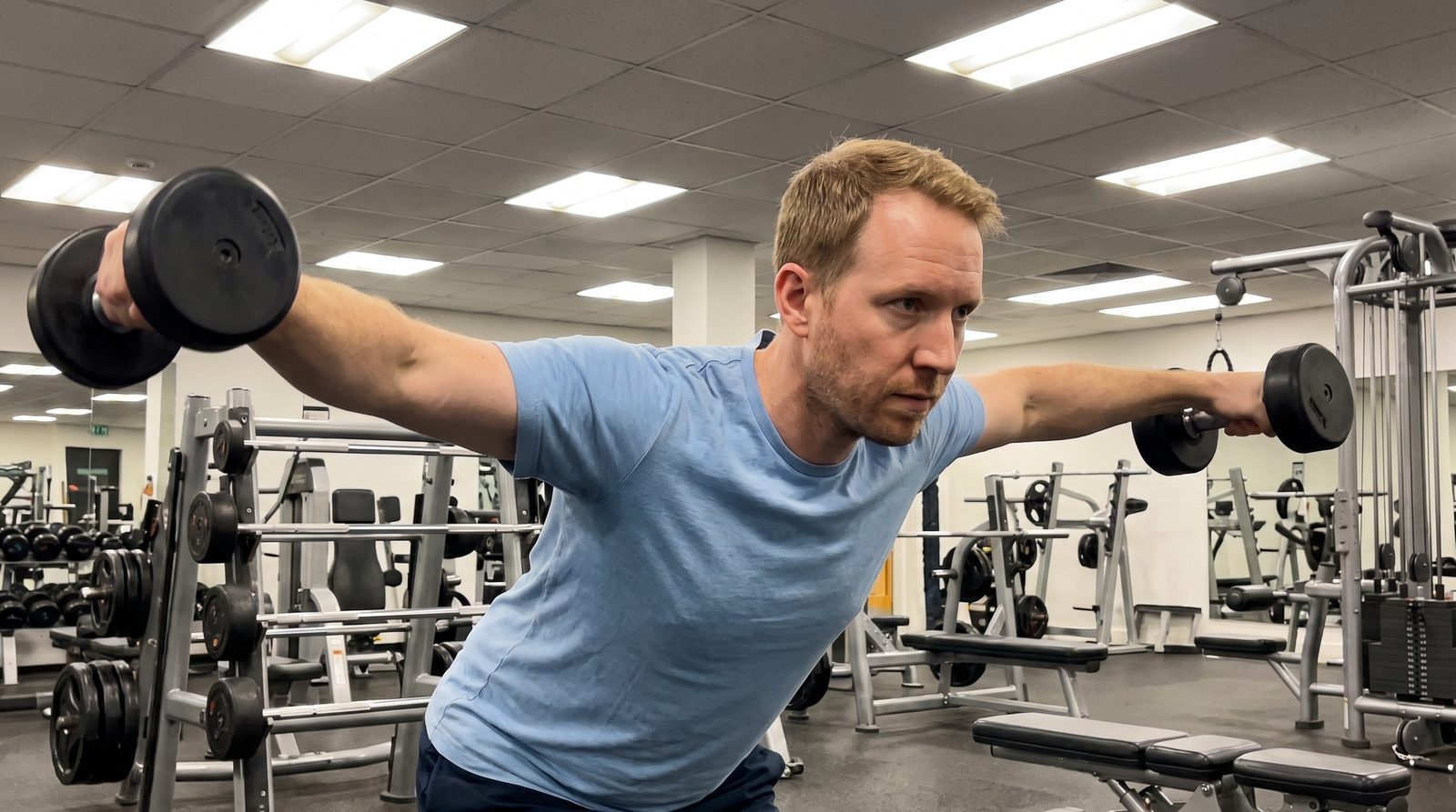 A man in a light blue t-shirt doing a bent-over dumbbell rear-delt raise in a gym