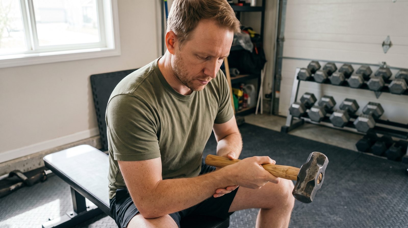 A man in an olive t-shirt seated on a weight bench in a garage gym, holding a sledgehammer by the handle and watching his wrist as he turns it