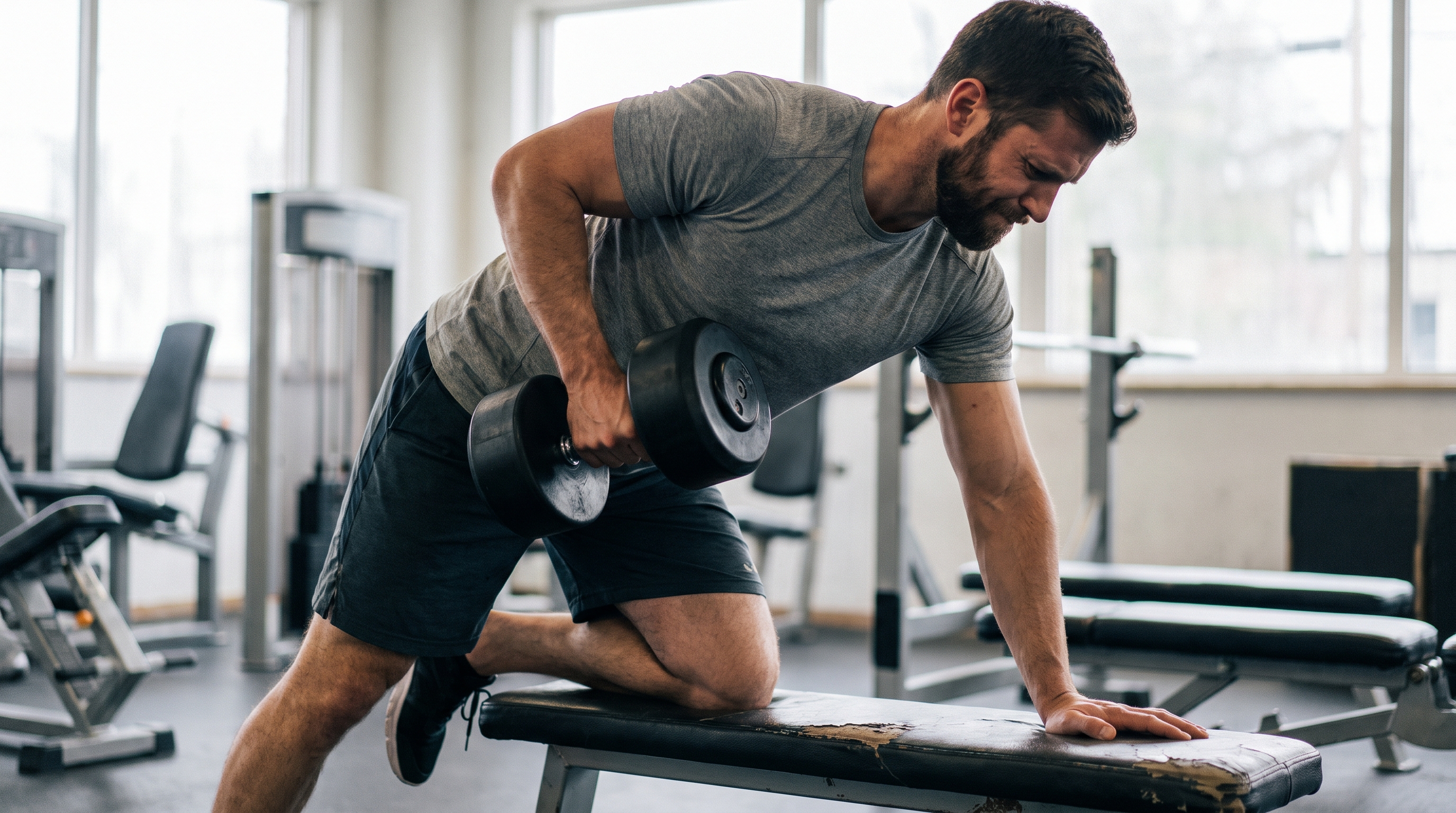 A person doing a single-arm dumbbell row in a gym, one knee on a bench, pulling a heavy dumbbell with their right hand