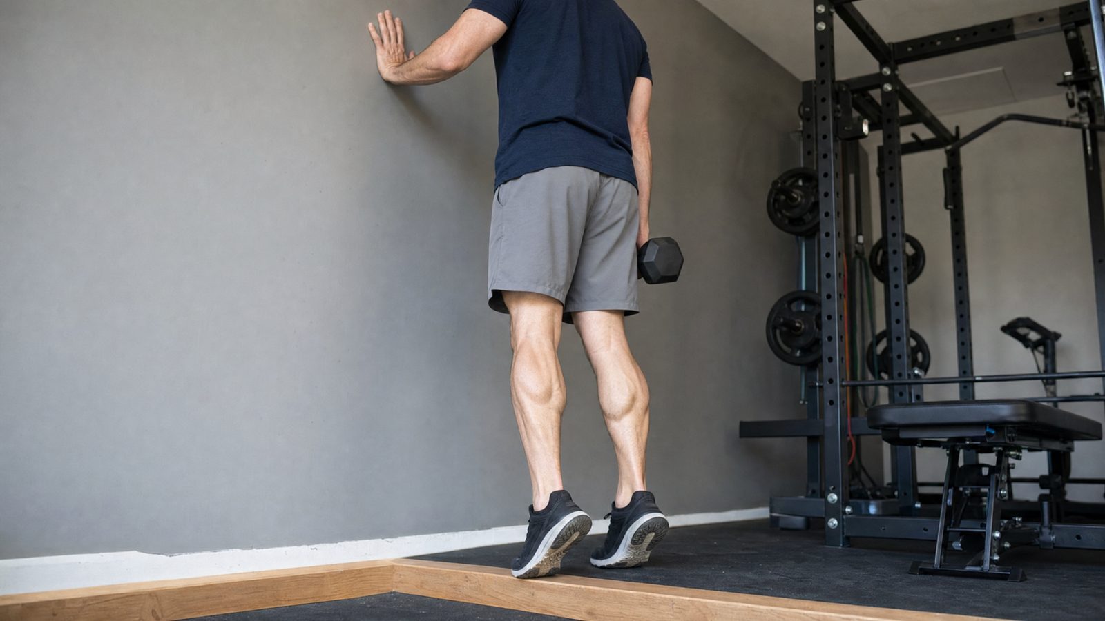 A man in a navy t-shirt and grey shorts at the top of a standing calf raise on a wooden ledge in a home gym, heels raised high and calves flexed, one hand on the wall and a hex dumbbell in the other, photographed from behind