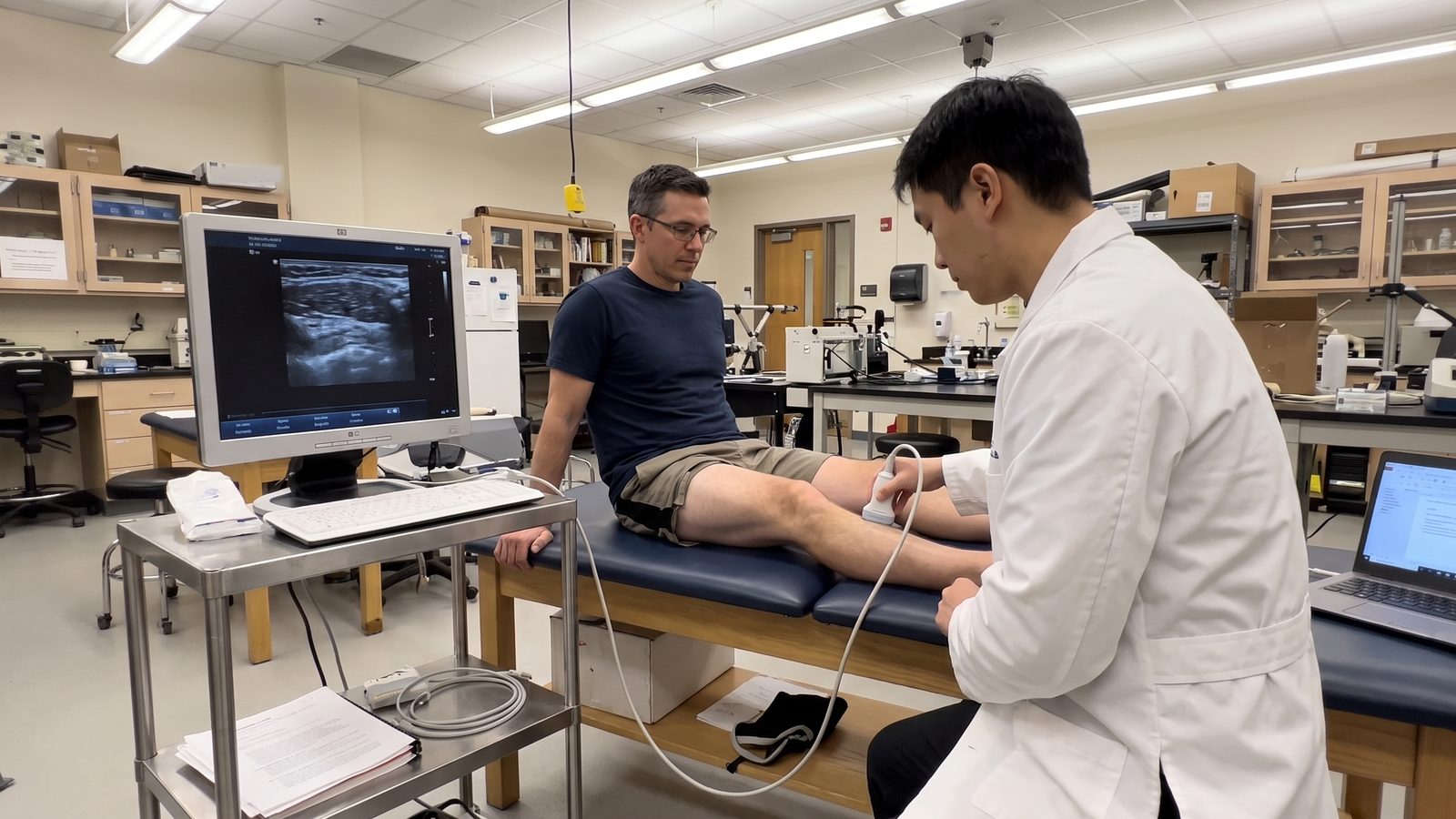 A researcher in a white lab coat holds an ultrasound probe against the back of a seated man's calf while a monitor beside them shows the grey muscle image