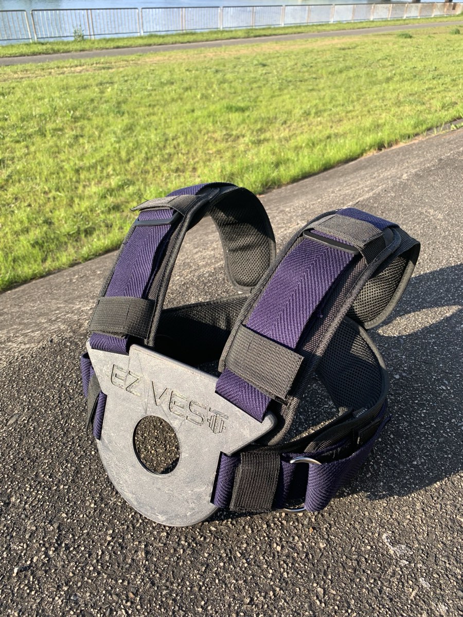 The same early prototype set down on a riverside path, showing the printed plate and padded shoulder straps
