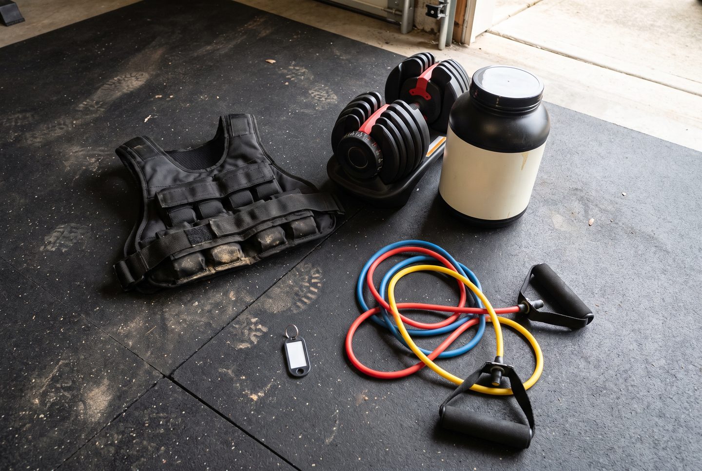 A fixed-weight vest, a pair of dial dumbbells, a tub of protein powder, resistance bands and a gym key tag laid out on a garage floor