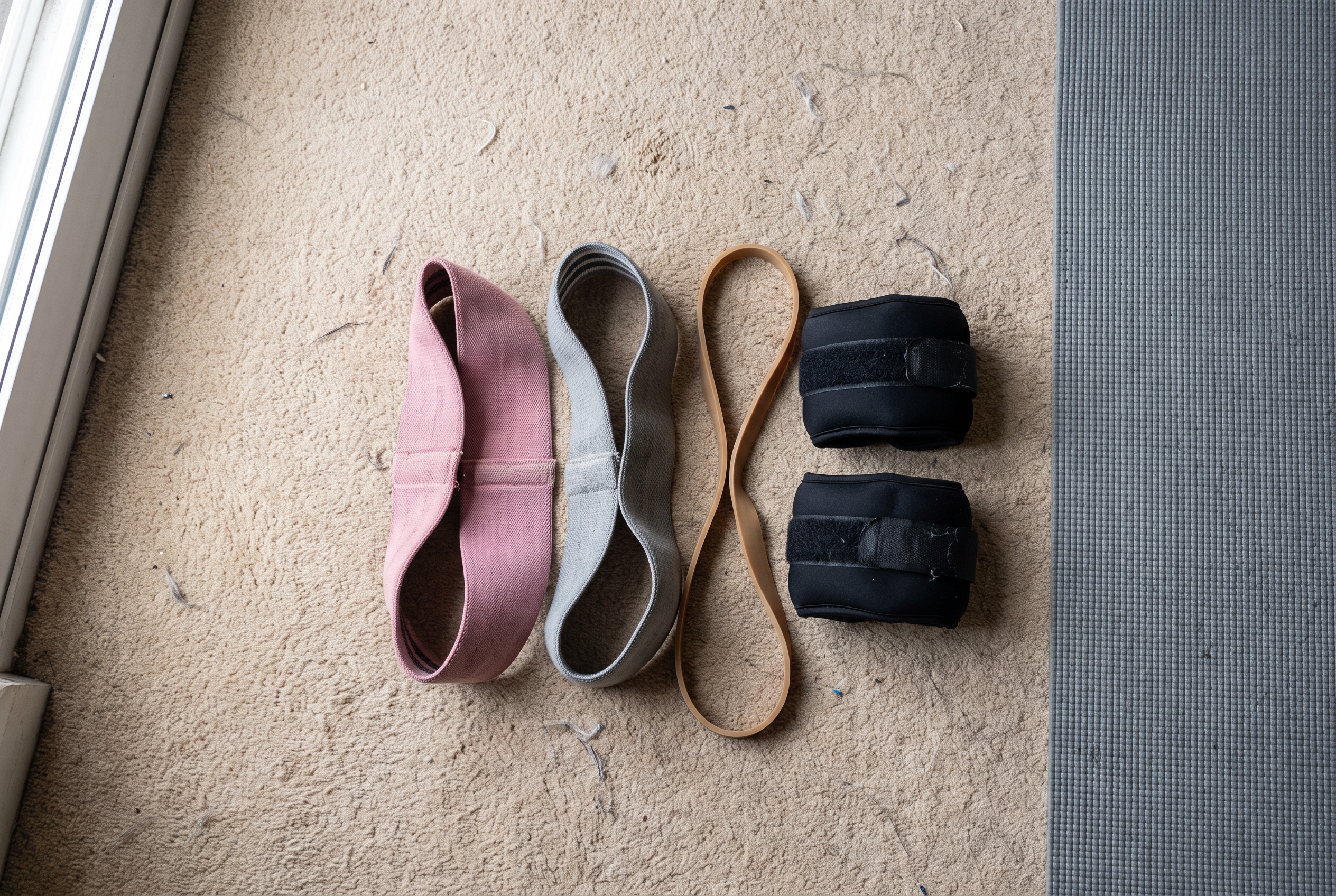 Two fabric resistance loops, a rubber band and a pair of small soft ankle weights laid out on a carpet beside an exercise mat