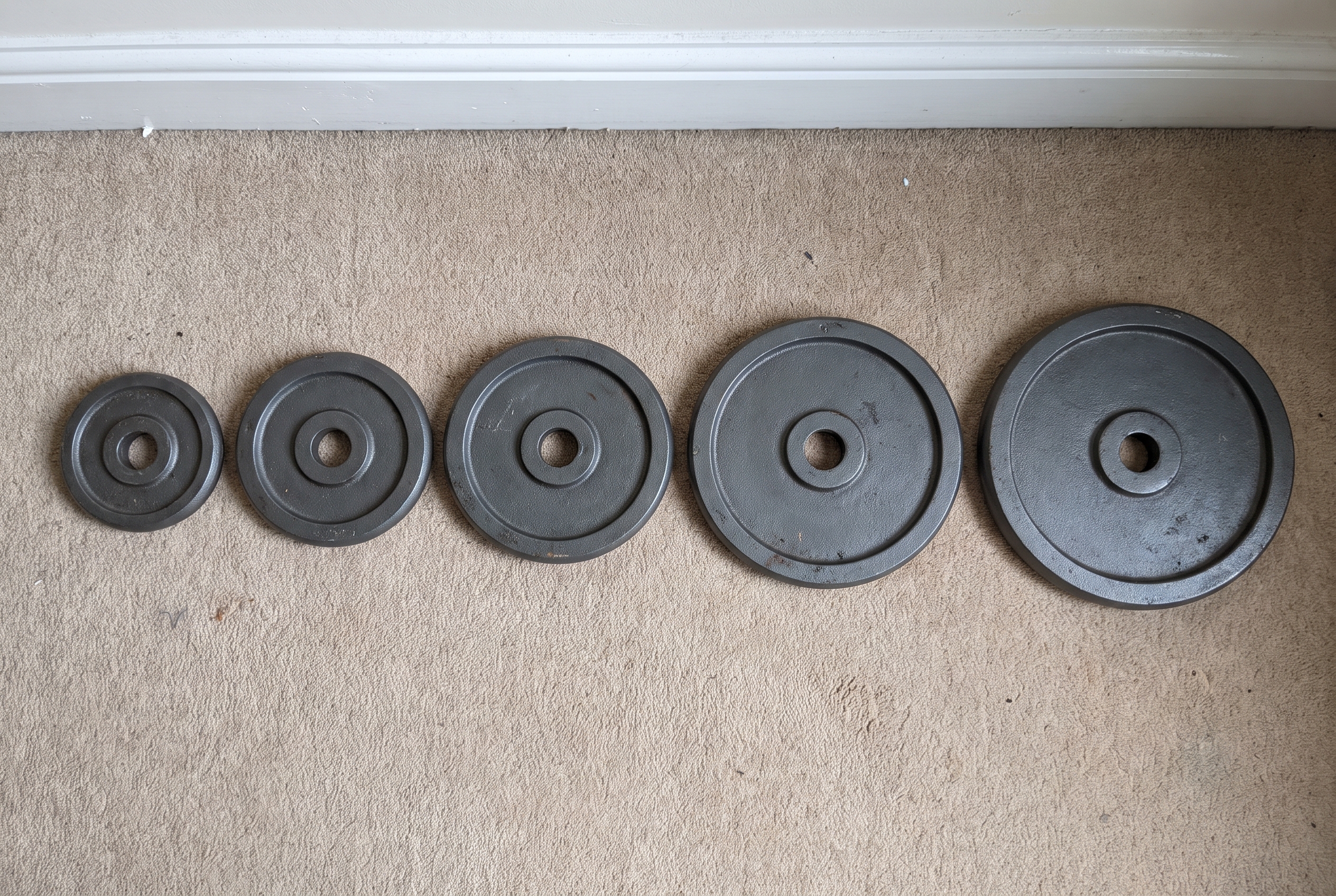 Five plain cast iron weight plates laid out on a carpet in a row of increasing size