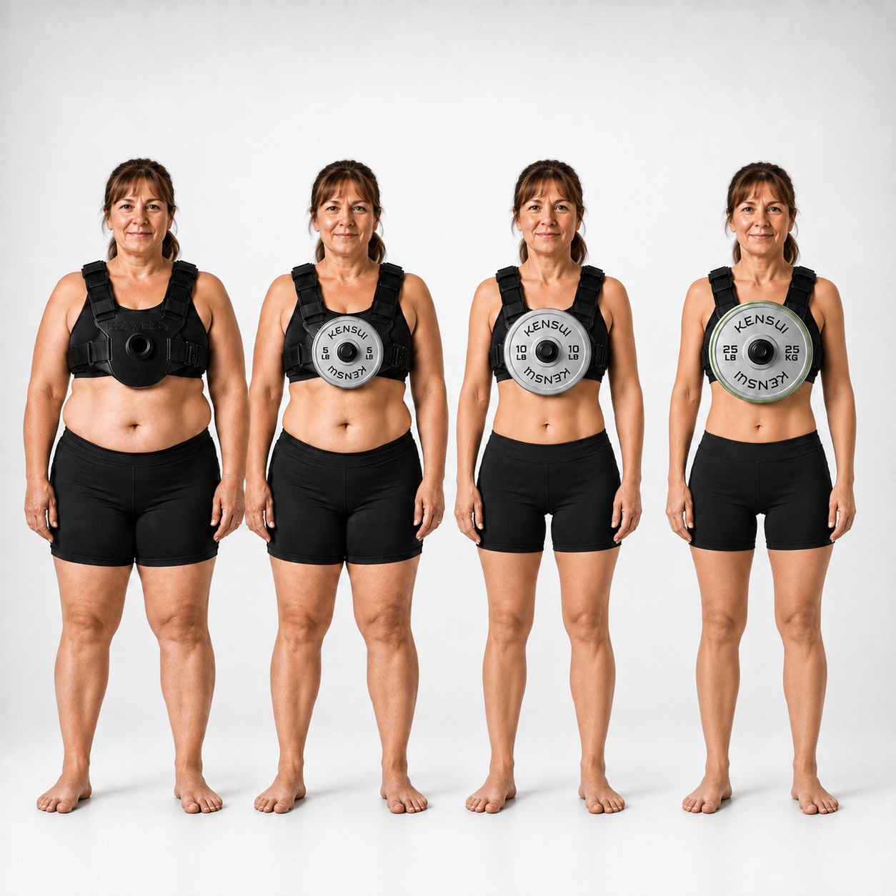 Four-stage body composition progression wearing the EZ-VEST with increasing plate load from empty to 25 pounds