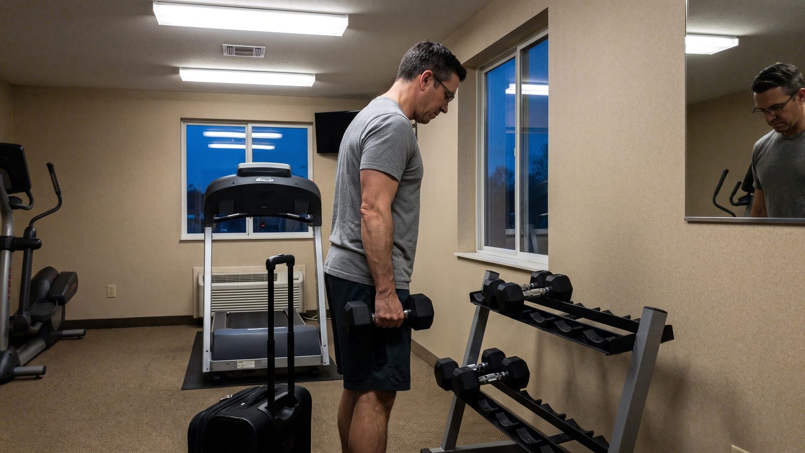 A man in glasses and a grey t-shirt standing beside a short hotel gym dumbbell rack holding its heaviest dumbbell, a rolling cabin suitcase at his feet