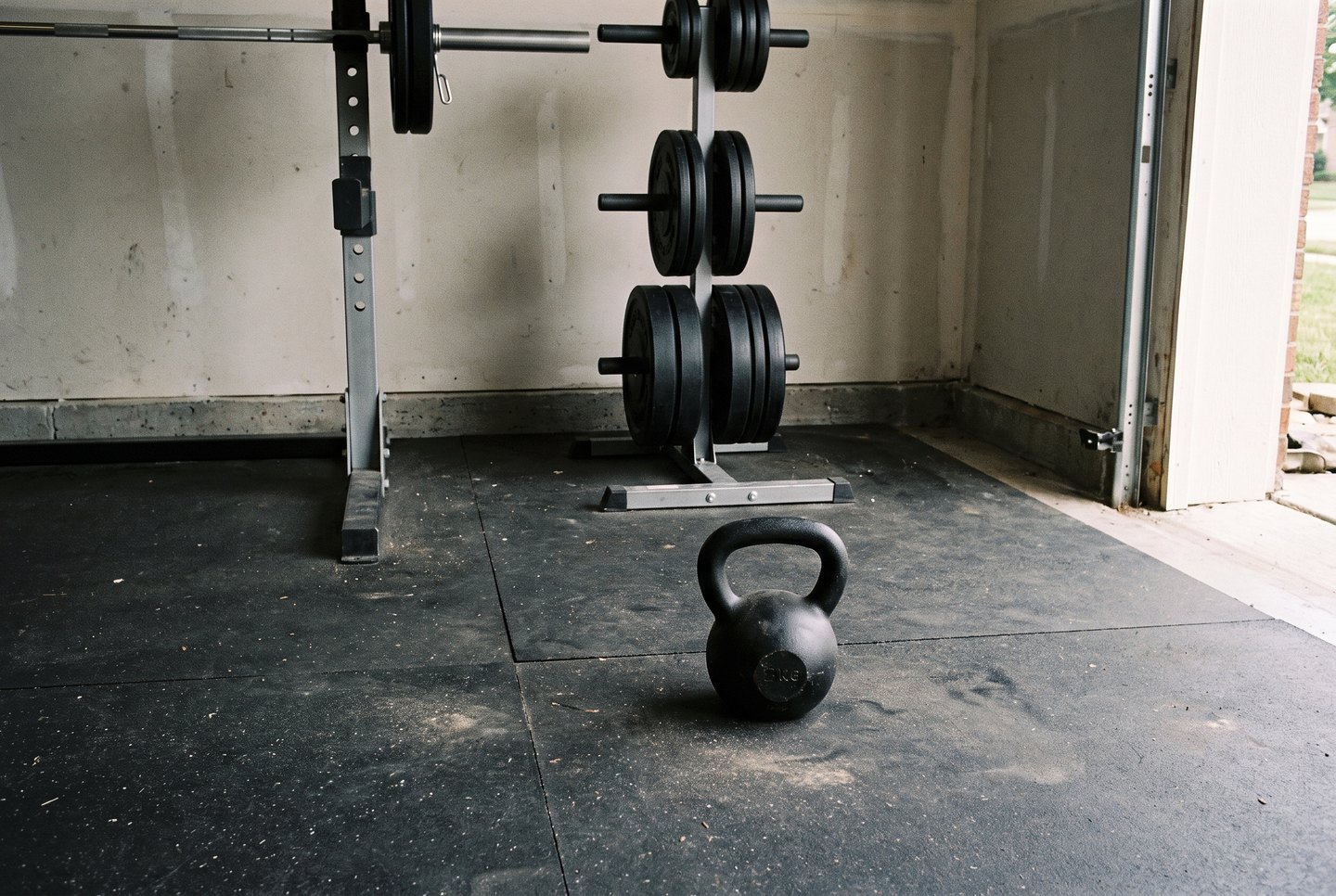 A single cast-iron kettlebell alone on a rubber mat in a garage gym, a loaded plate tree and a barbell rack behind it