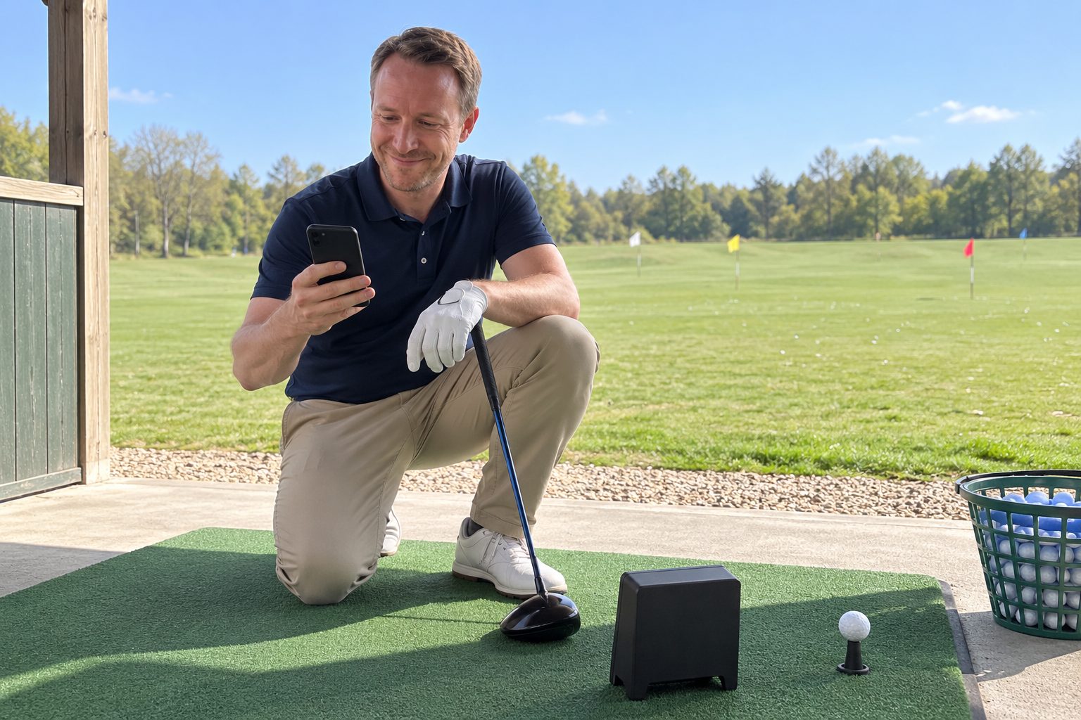 The author kneeling beside a launch monitor at the range, smiling at the reading on his phone