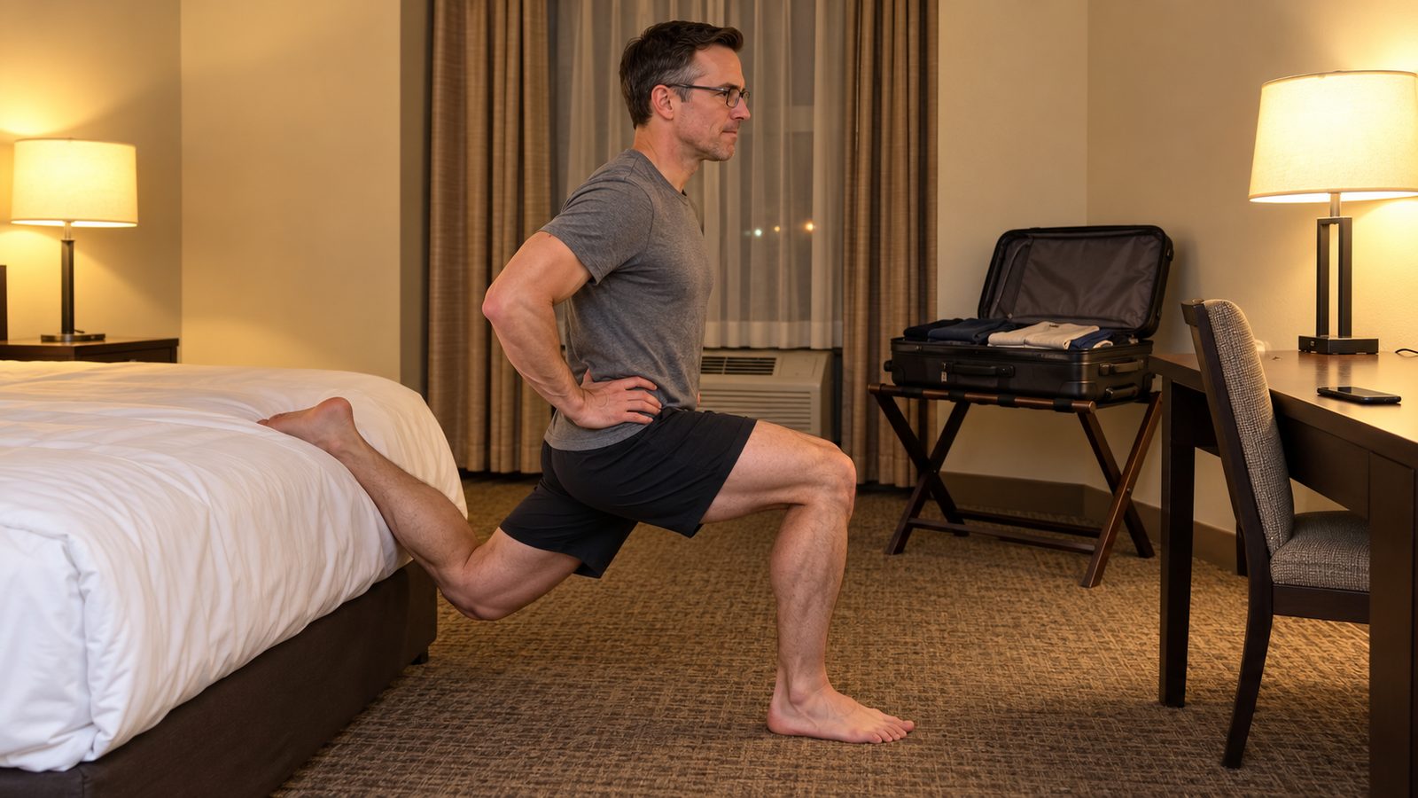 A man does a split squat in a hotel room with his back foot on the edge of the bed