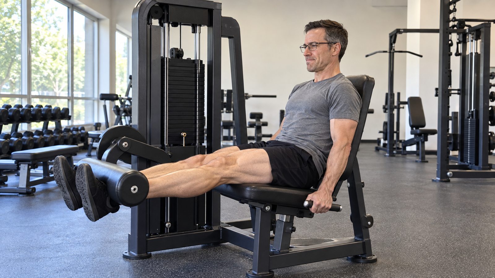 A man in glasses straightens both legs on a leg extension machine in a bright gym