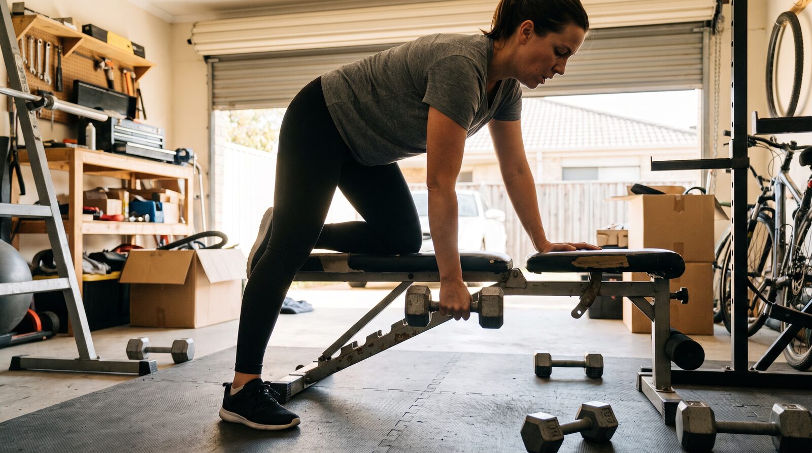 A woman does a single arm dumbbell row with one knee on a bench in a garage gym, light dumbbells on the floor around her