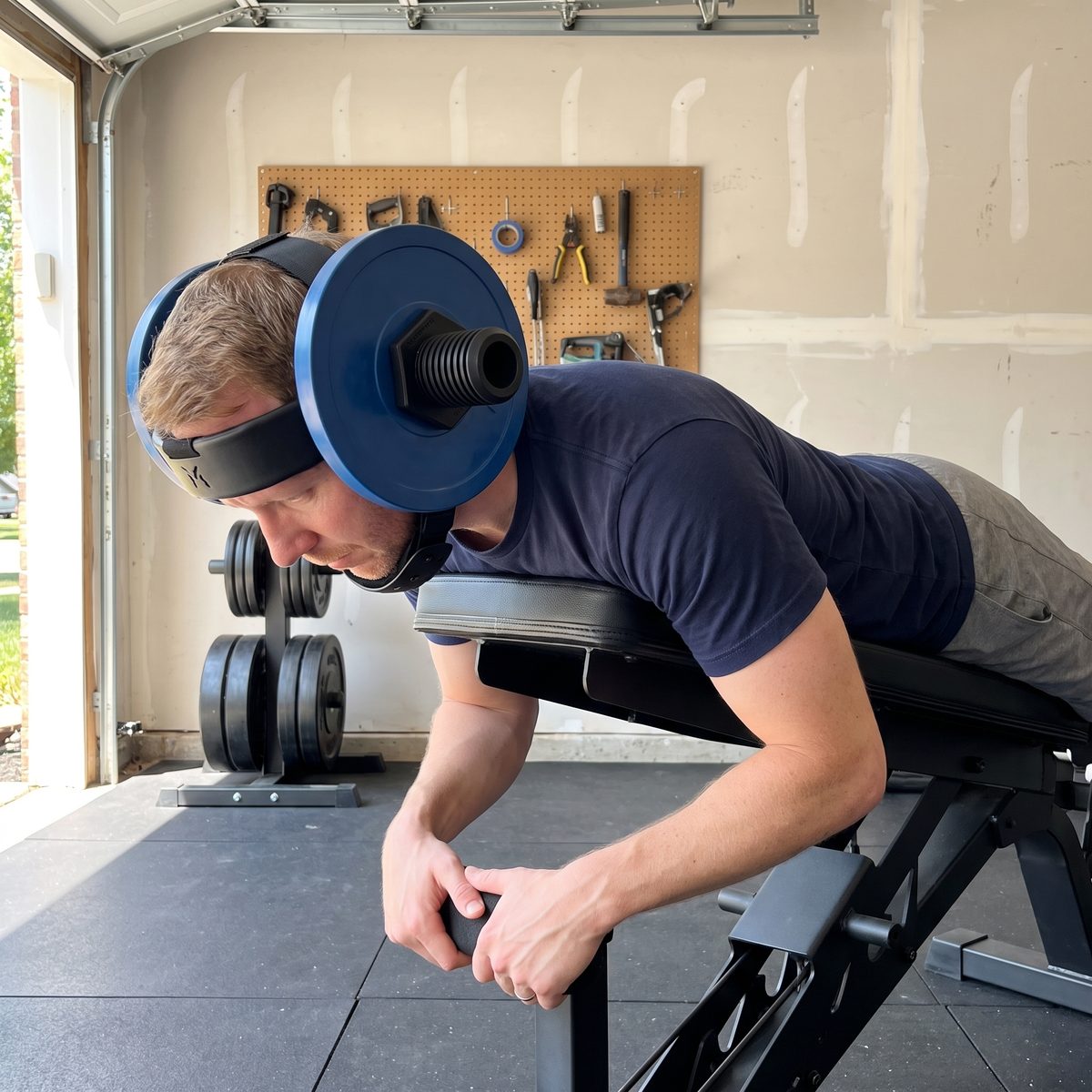 The writer lying face down over a bench in his garage, lifting his head against a plate loaded helmet