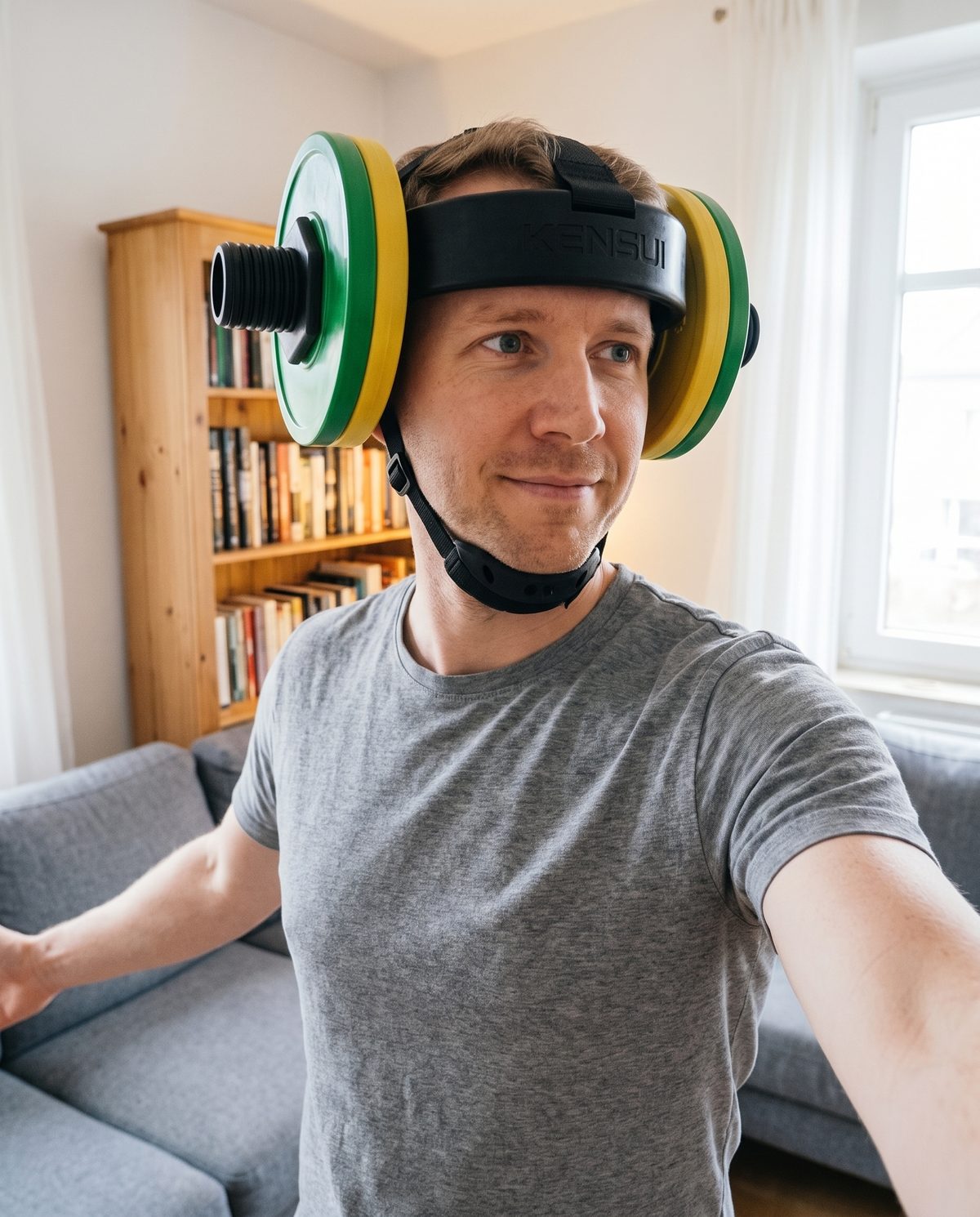 The writer at home wearing the EZ-HELM V2 loaded with a green and yellow plate on each side