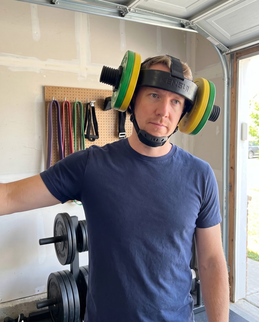 The writer in his garage wearing the EZ-HELM V2 loaded with plates