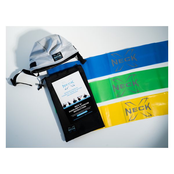 The NECK X mesh cap laid out with three flat resistance bands and a carry bag
