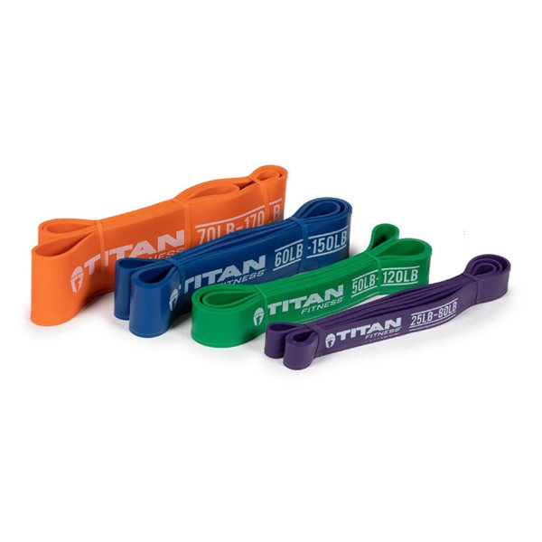 Four heavy loop resistance bands in orange, blue, green and purple