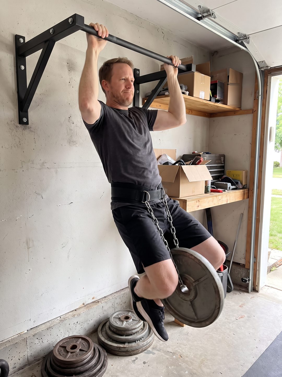 A man mid pull-up in his garage with an iron plate hanging from a chain dip belt and swinging into his knee