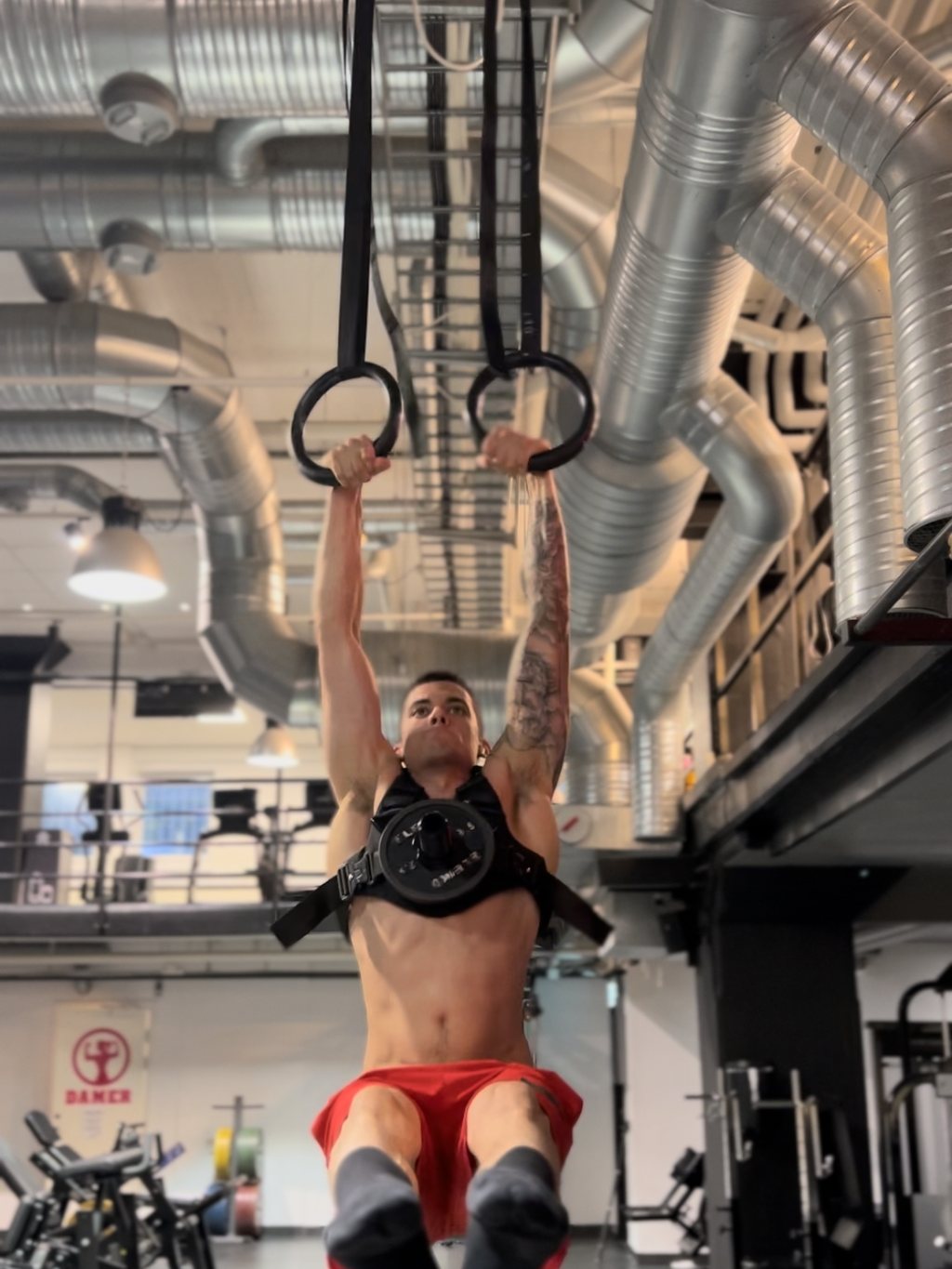 An owner hanging from gymnastic rings in a gym wearing the vest with a plate on the chest