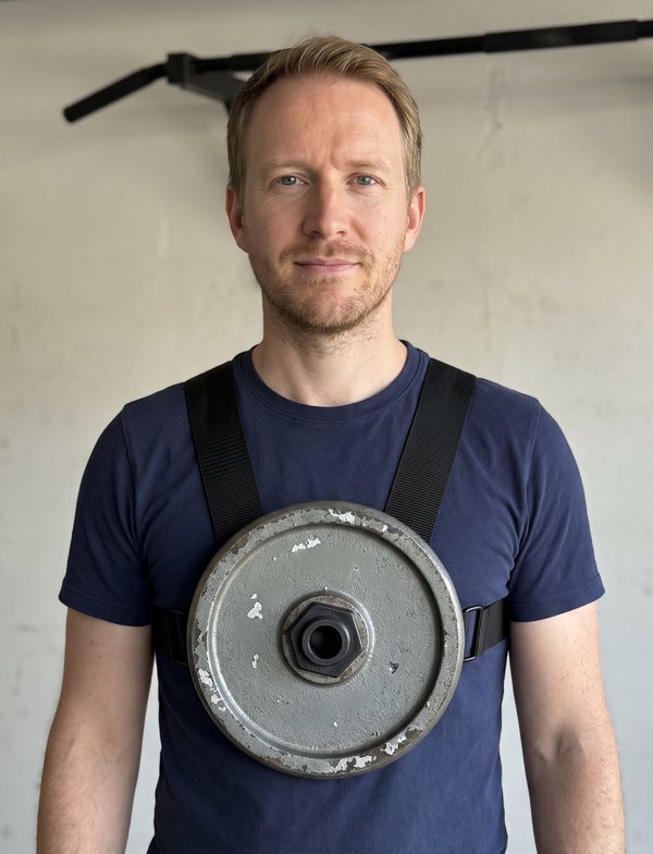 The writer wearing the EZ-VEST Lite with one old iron plate on the chest post