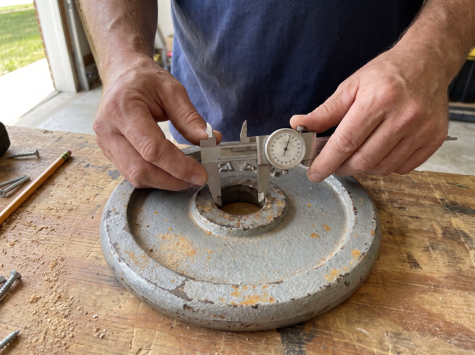 Two hands holding a steel dial caliper with its jaws set inside the center hole of an old grey weight plate on a wooden workbench