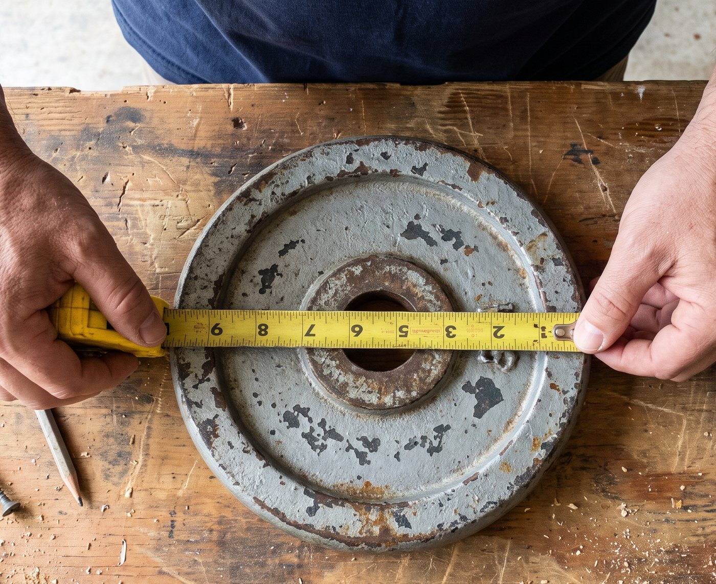 Two hands holding a yellow tape measure across an old grey weight plate on a wooden workbench