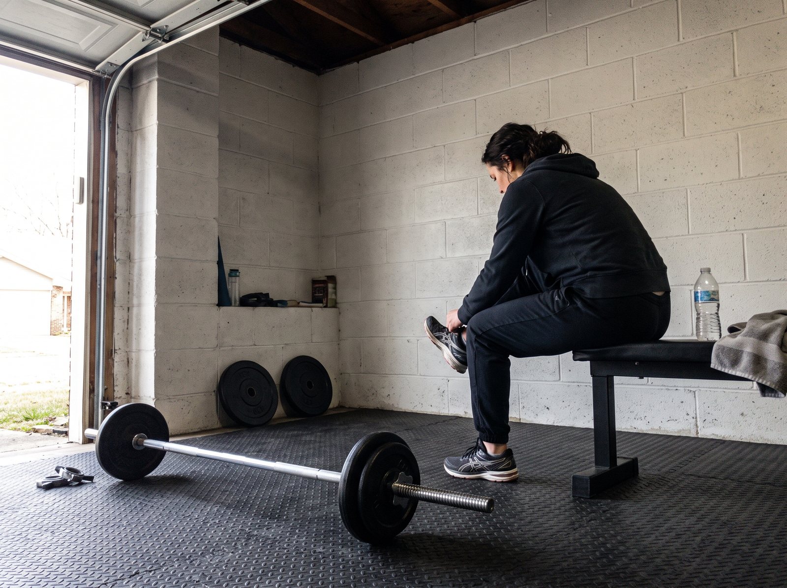 A small garage gym corner with a standard barbell loaded with cast iron plates on the floor and a woman seen from behind tying her shoe on a flat bench