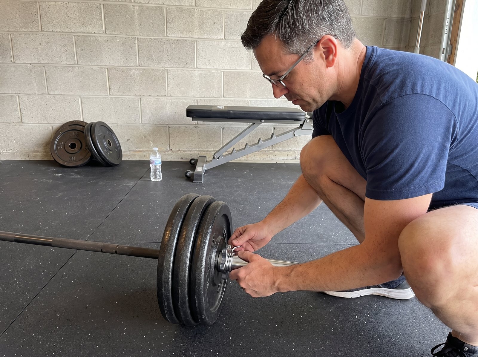 A man crouched beside a standard barbell on a garage gym floor, tightening the collar against three cast iron plates on the end of the bar