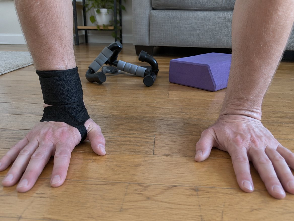 Two hands flat on a hardwood floor at the bottom of a push-up, one wrist in a black wrap, with a pair of plastic push-up handles tipped over behind them