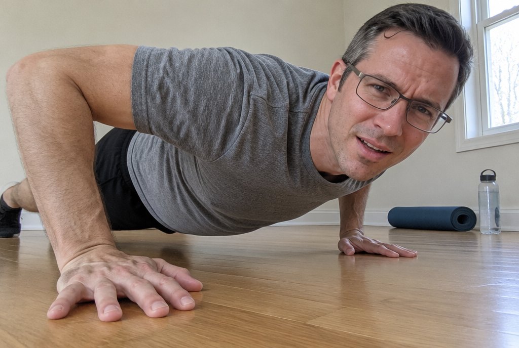 A man at the bottom of a floor push-up on a hardwood floor, the camera on the floor beside his hand, his wrist bent back to nearly ninety degrees