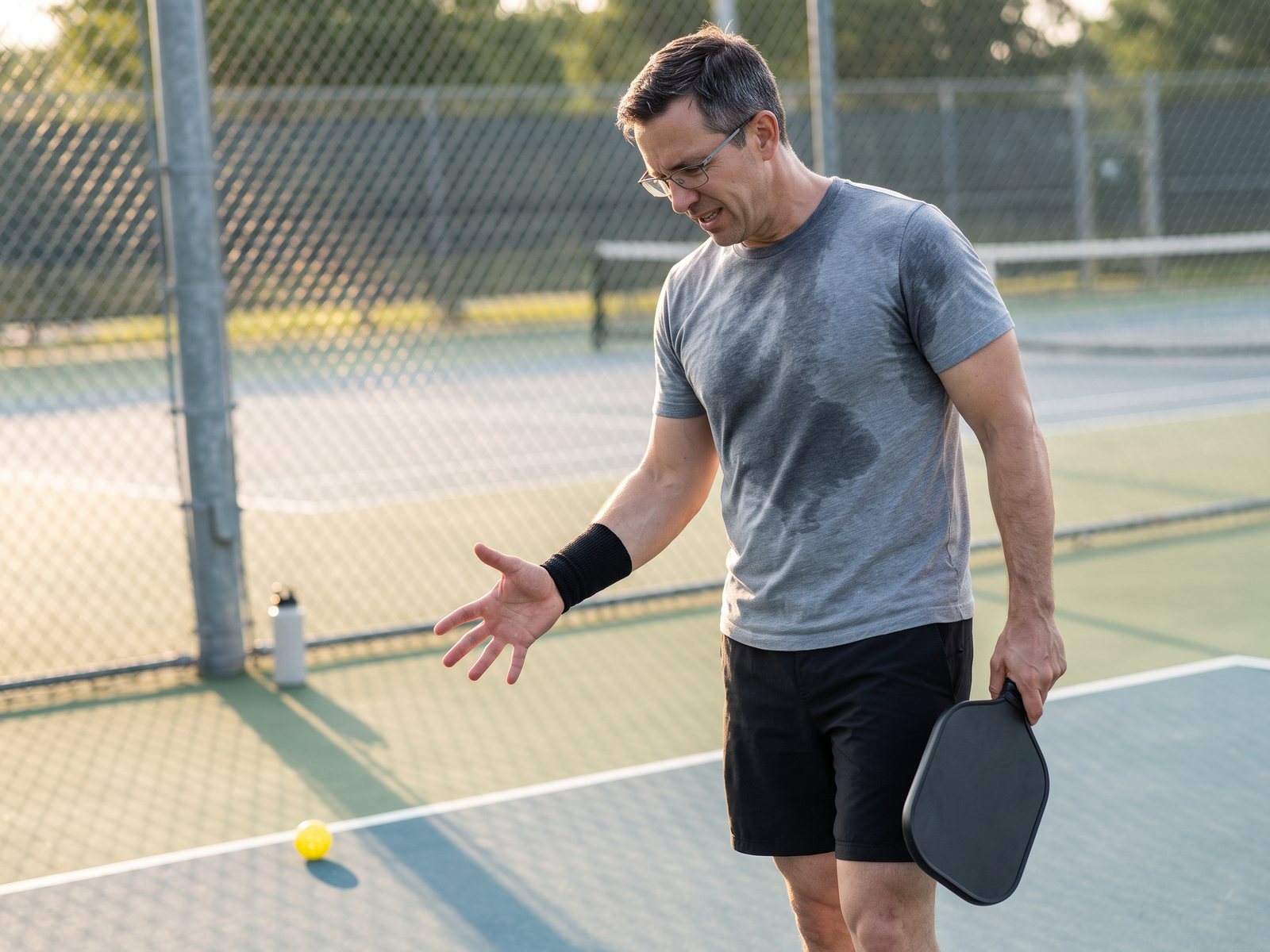The author at the baseline between points, shaking out his right hand and forearm, a black sleeve on his wrist and the paddle in his other hand