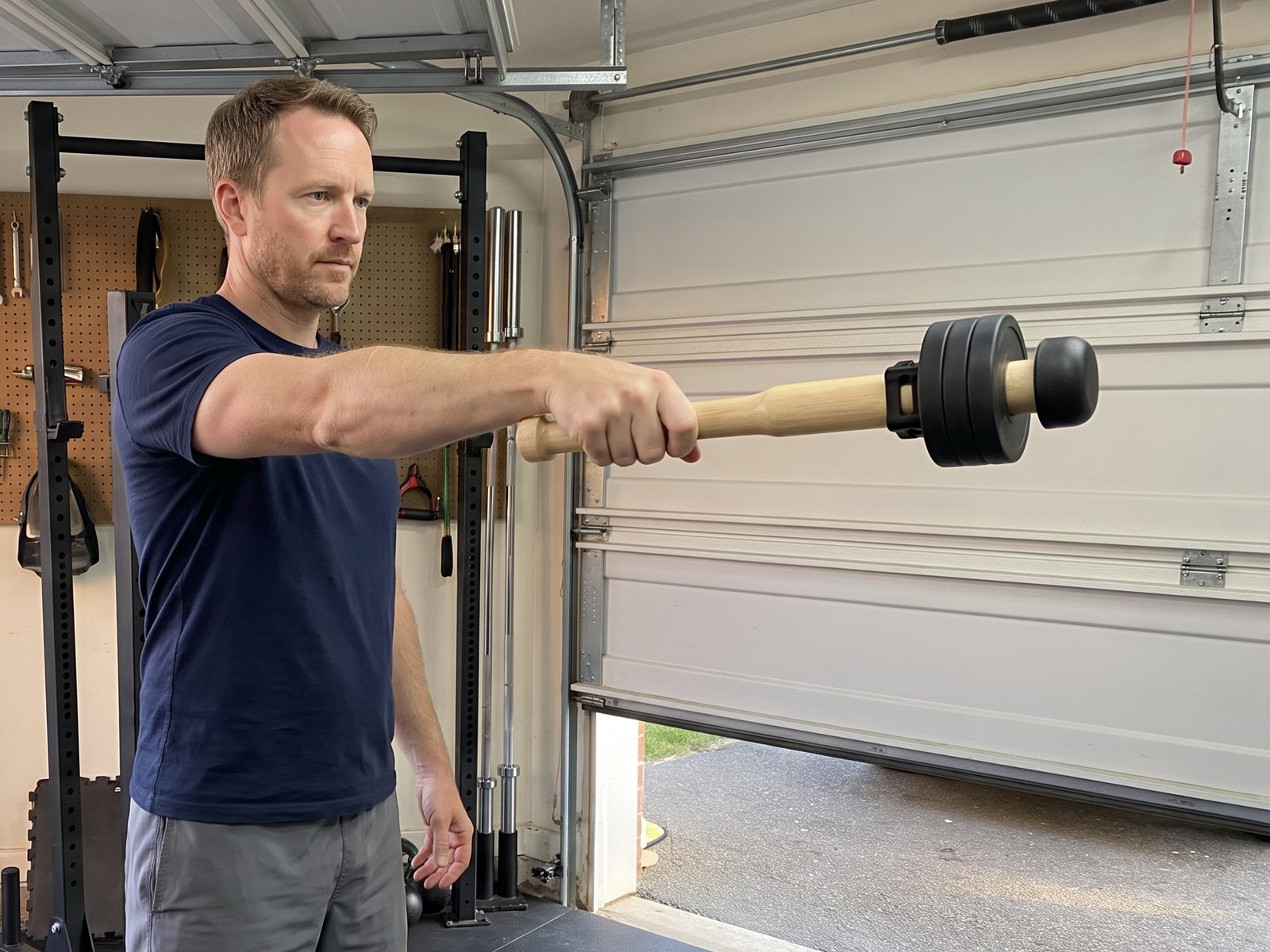 The author in his garage holding the wooden EZ-CLUB PRO straight out in front at shoulder height, plates on the far end