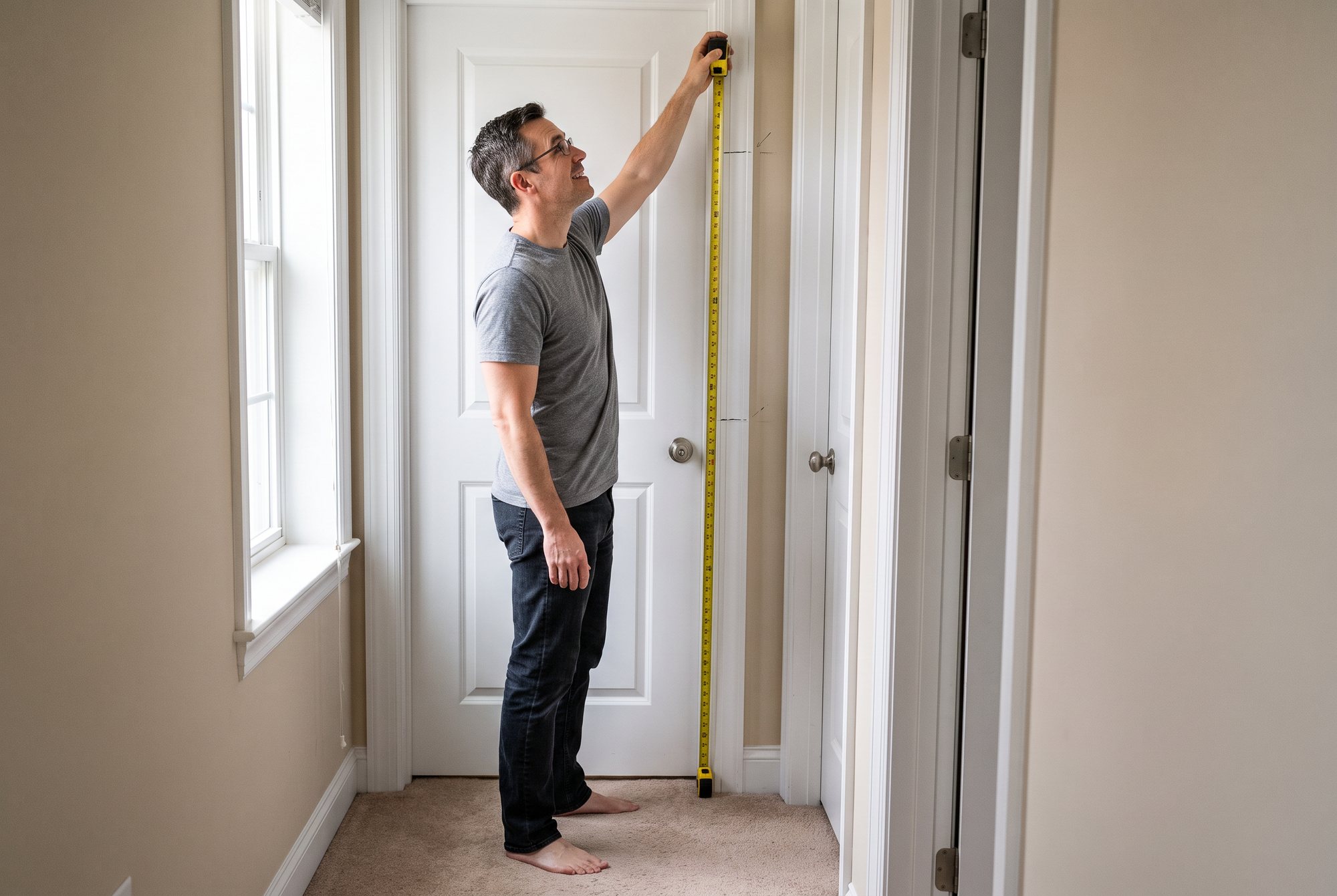 A man in a grey t-shirt standing upright in a hallway, reaching up to hold a yellow tape measure against the door frame above his head, two pencil marks beside it