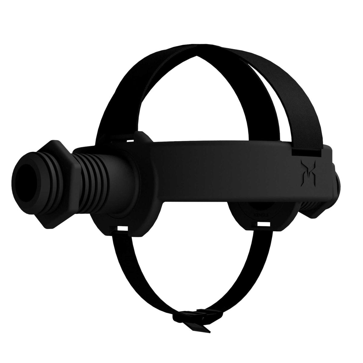 The black neck helmet frame on a white background, seen from the front and side, with a threaded plate sleeve at each ear