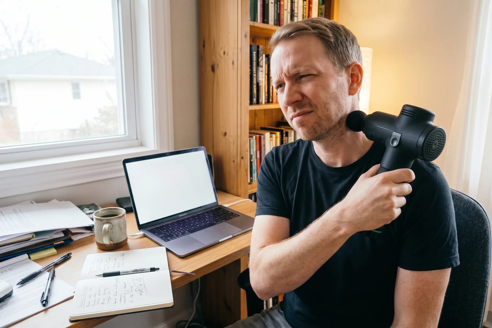 A man in a black t-shirt at a cluttered desk with a laptop open, pressing a black massage gun to the side of his neck, head tilted away and face tense