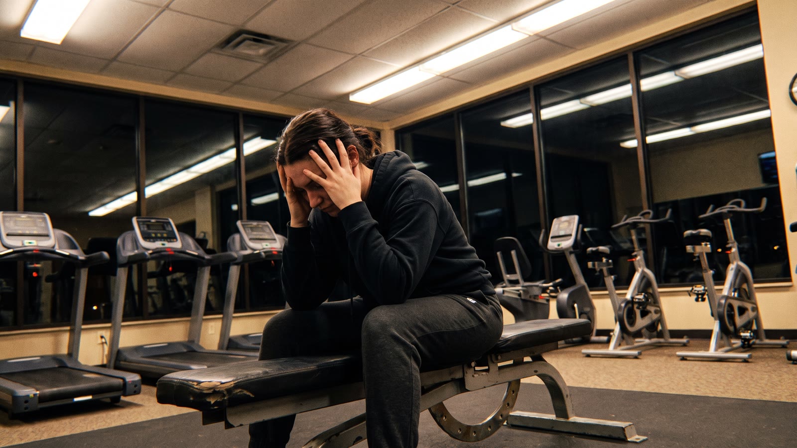 A woman sitting exhausted on a gym bench in an empty pre-dawn gym
