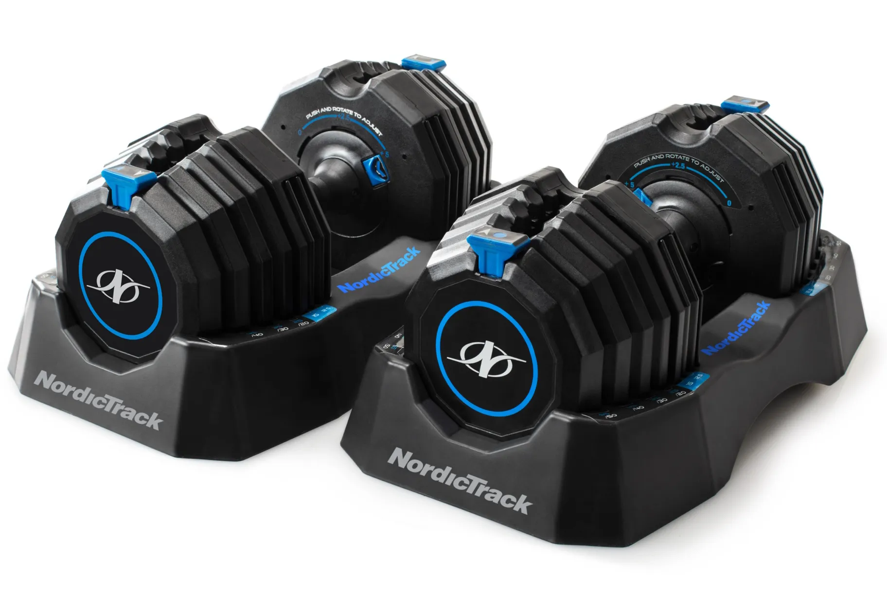 NordicTrack iSelect voice-controlled adjustable dumbbells on charging base